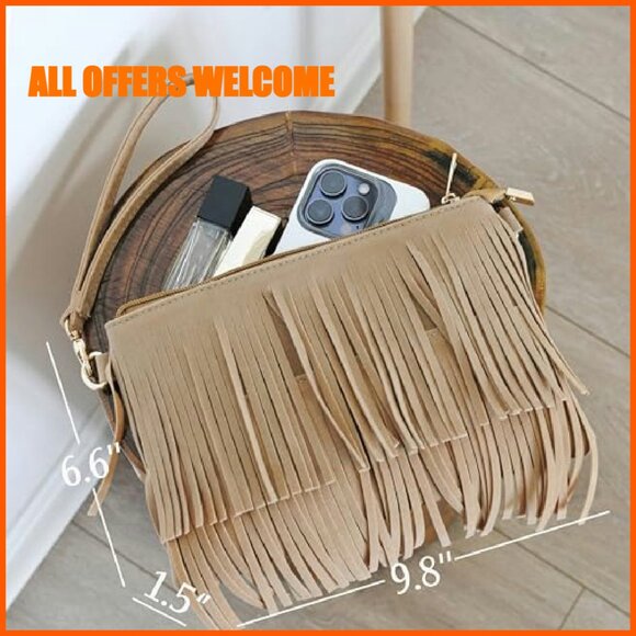 Fringe Crossbody Bag with Wristlet, Top Zip, Synthetic Faux Suede - Picture 8 of 8